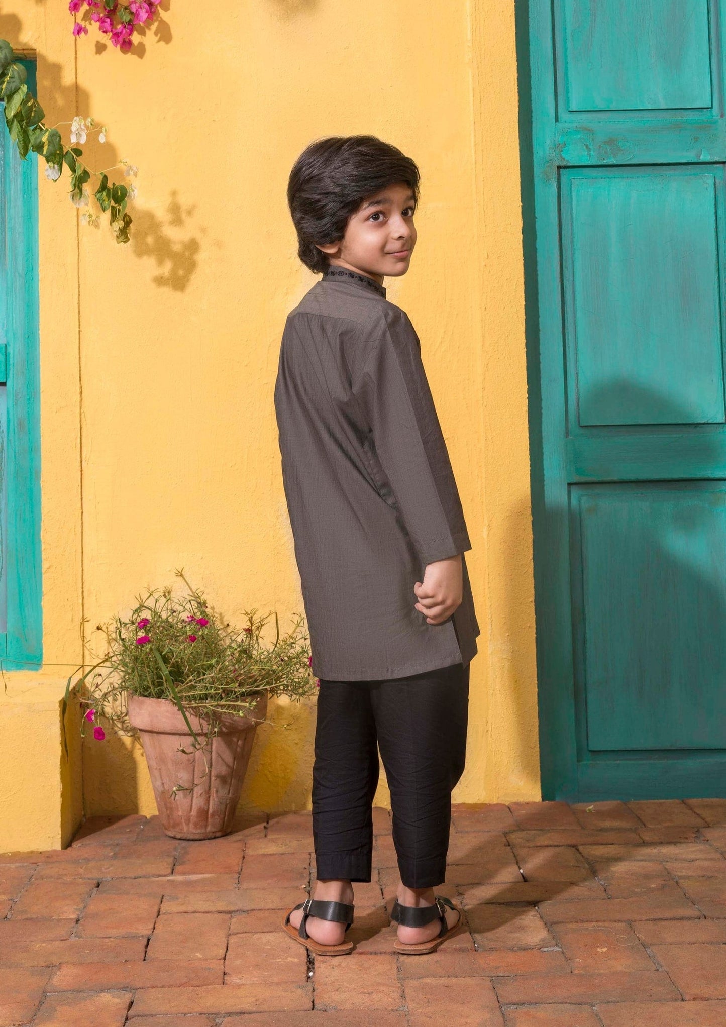 Boy's Embroidered Kurta: Charcoal & Black