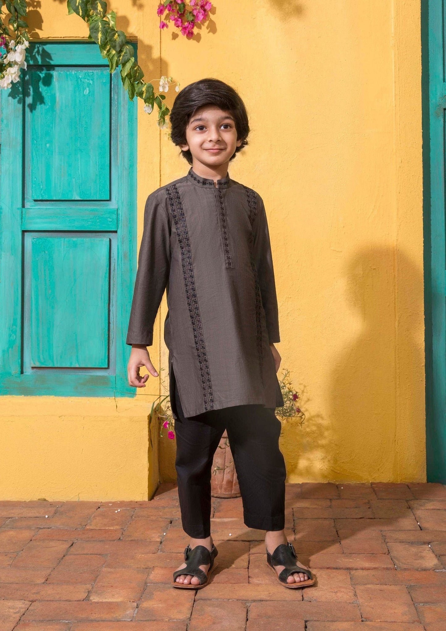 Boy's Embroidered Kurta: Charcoal & Black