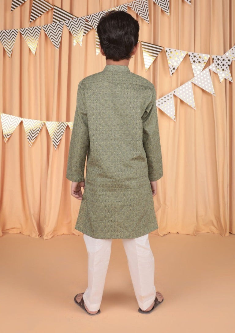 Boy's Embroidered Kurta Shirt Only : Green & Offwhite