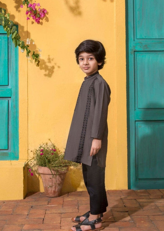 Boy's Embroidered Kurta: Charcoal & Black