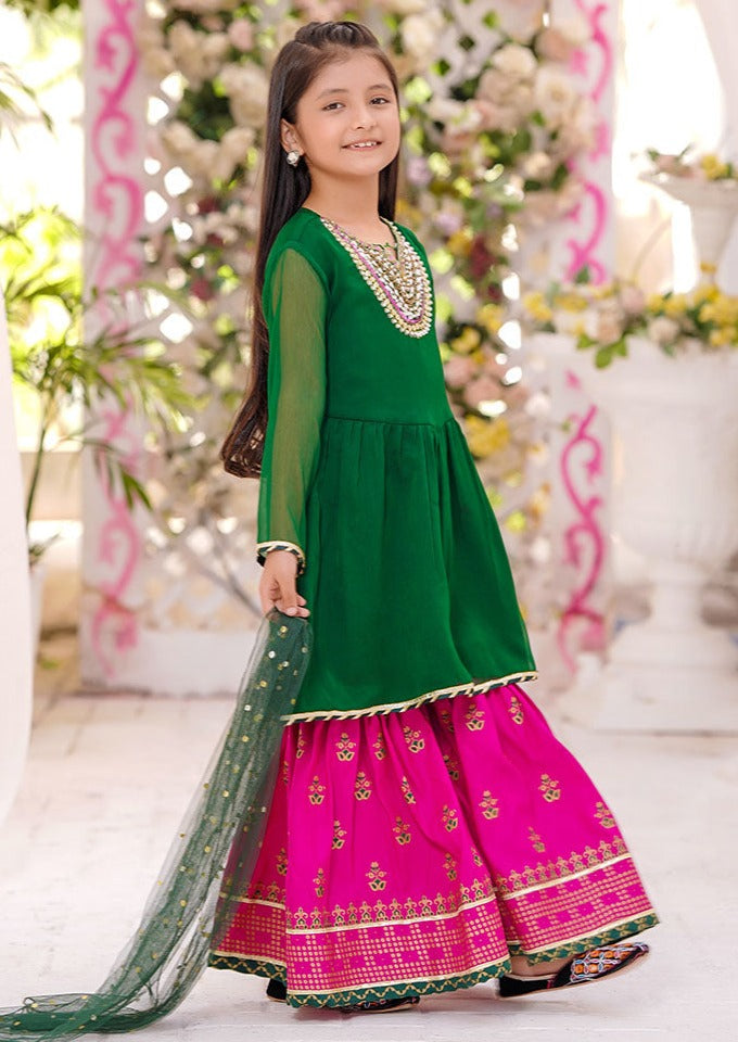 Emerald Green & Magenta - Girl's Gharara Dress