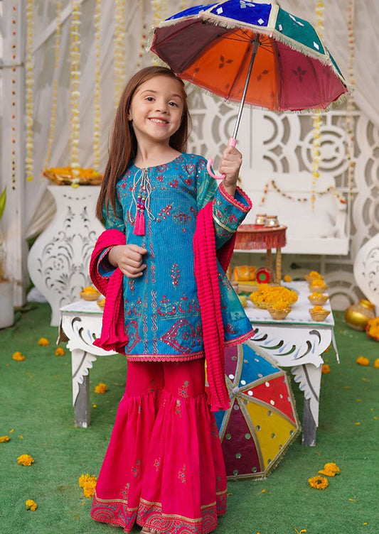 Teal Blue & Hot Pink - Girl's Gharara Dress