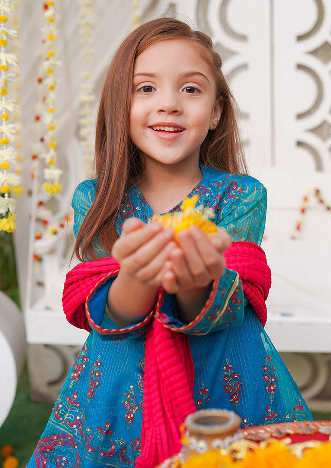 Teal Blue & Hot Pink - Girl's Gharara Dress