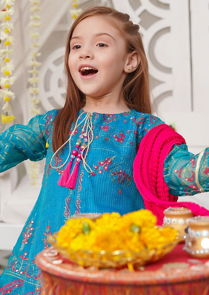 Teal Blue & Hot Pink - Girl's Gharara Dress