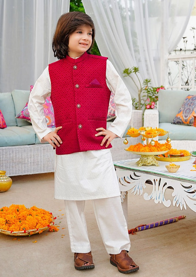 White & Maroon - Kameez, Shalwar & Waistcoat