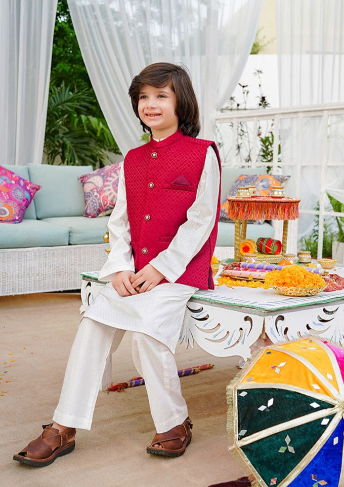 White & Maroon - Kameez, Shalwar & Waistcoat