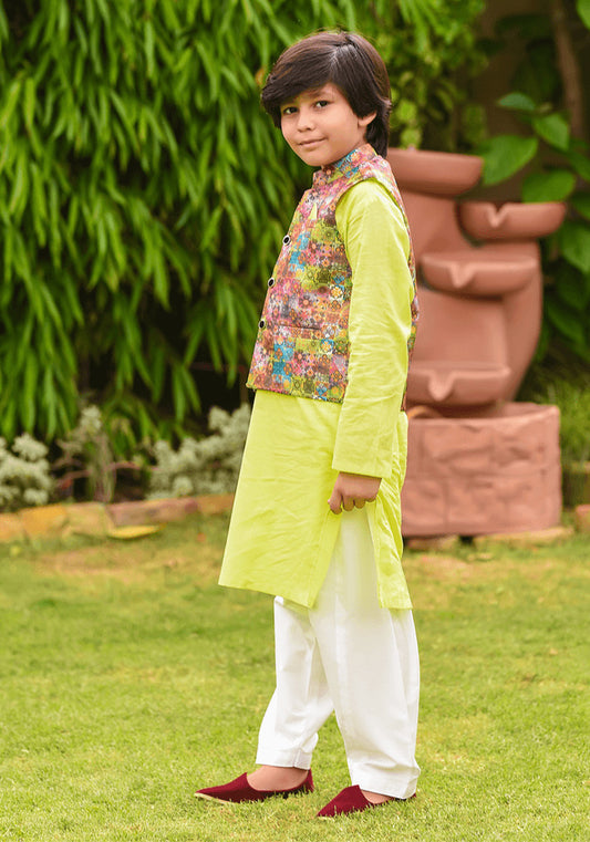Lime Green Cotton 3-Piece Kurta Shalwar